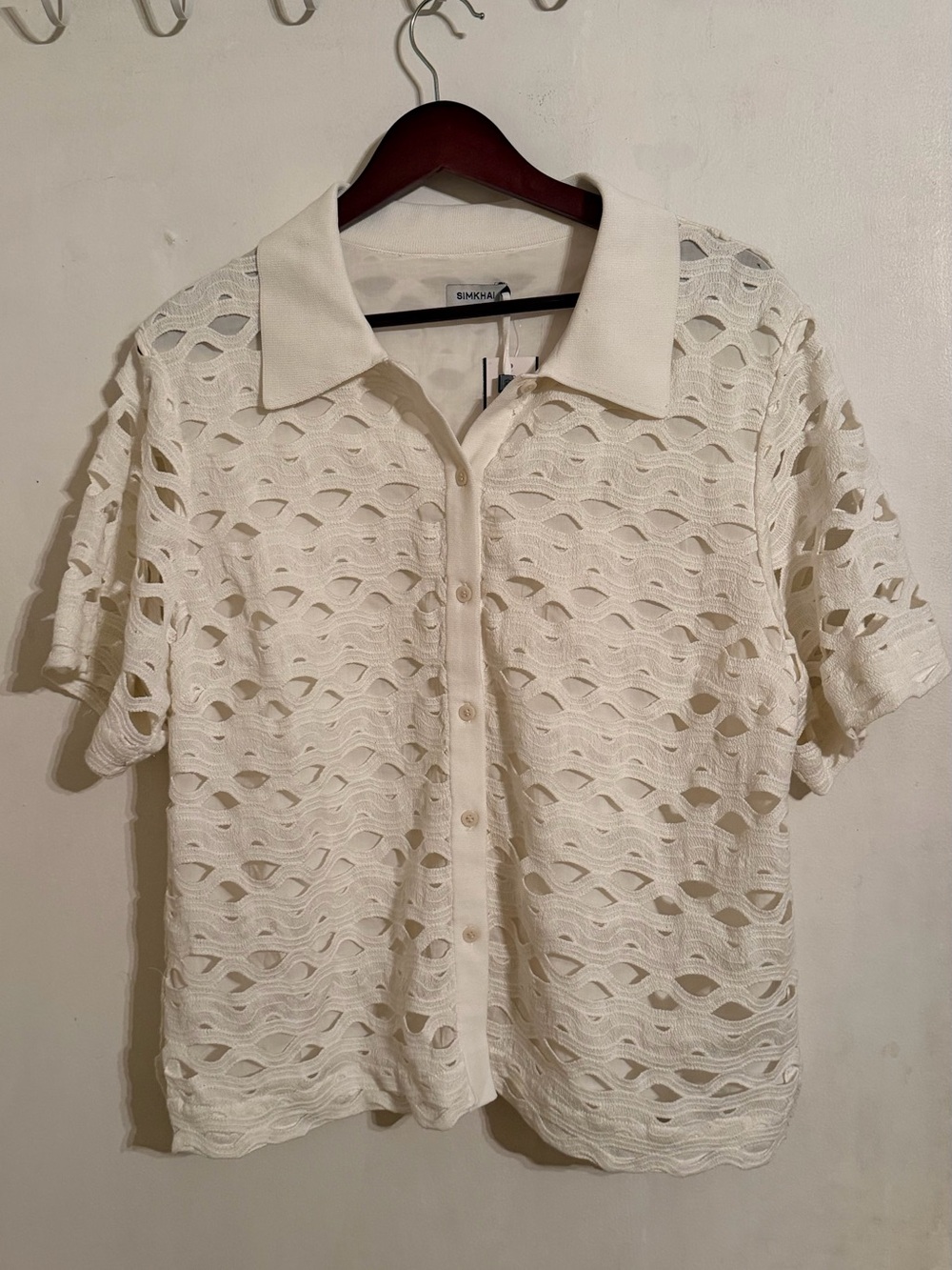 Simkhai Cream Crochet Knit Short-Sleeve Shirt